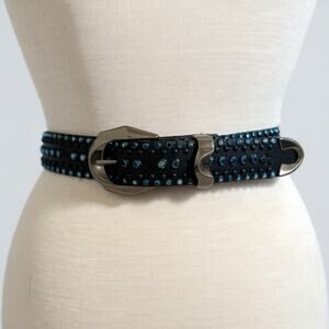 Kippys Rhinestone Swarovski Crystal Leather Belt Black with Blue Stones Size 28